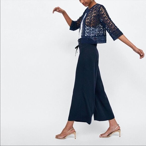 ZARA Cropped Navy Lace Jacket SMALL - Picture 4 of 8